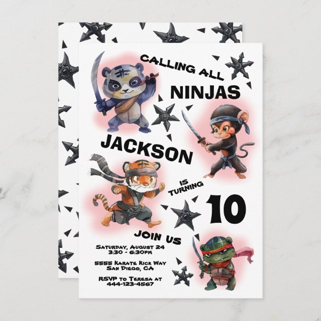 Ninja Warrior Animals Birthday Party Invitation (Front/Back)
