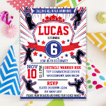 Ninja Warrior Birthday Party Obstacle Course Invitation<br><div class="desc">Get ready to celebrate your little Ninja's next birthday party with this "American Ninja Warrior" themed invitation. 
Featuring blue,  white and red and male silhouettes in action on the Ninja Course! The back design is also available to use.
Designed by invitecentral.com</div>