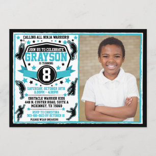 Ninja Warrior Boy Black & Teal Photo Invitation