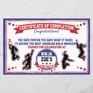 Ninja Warrior Girl Party Certificate of Completion