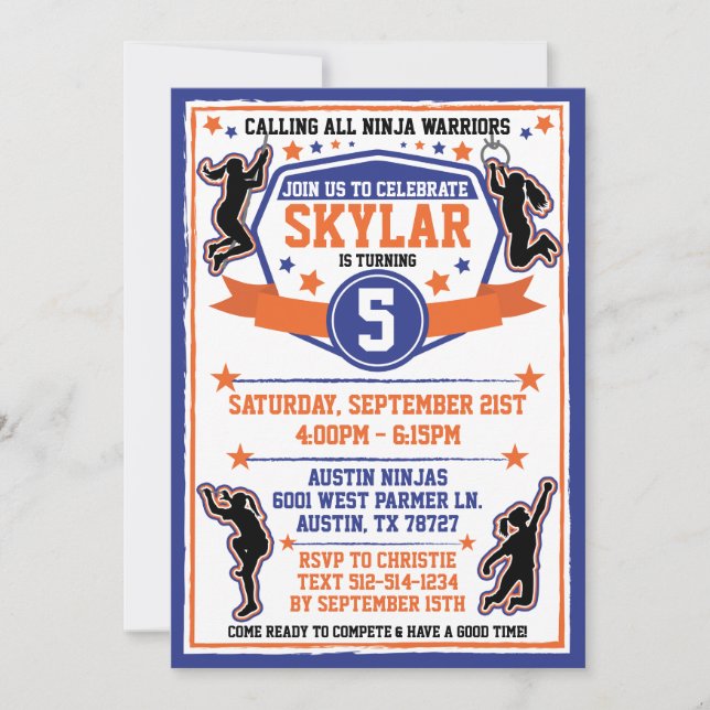 Ninja Warrior Girls Blue & Orange Birthday Party Invitation (Front)