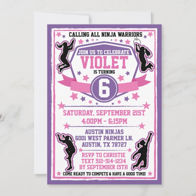 Ninja Warrior Girls Pink & Purple Birthday Party Invitation (Front)