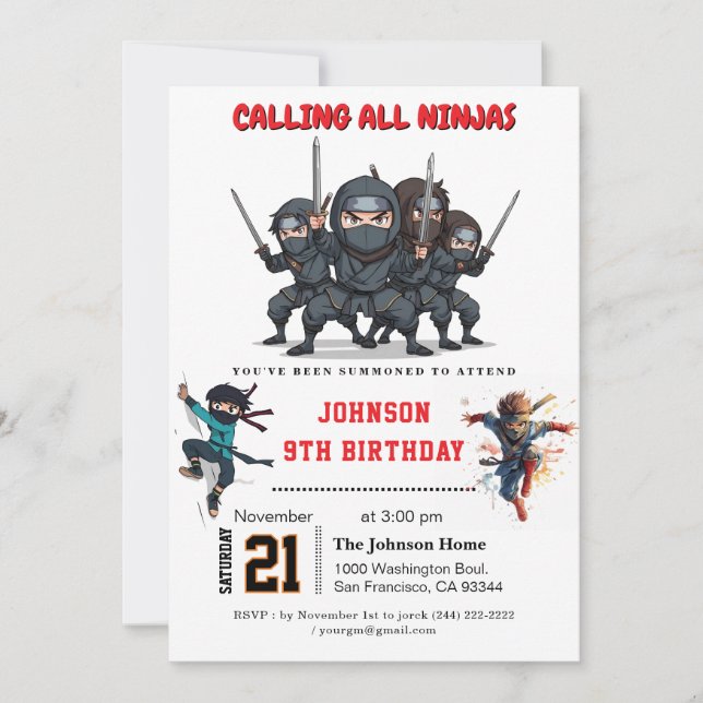 Ninja Warrior Kids Birthday Party Invitation (Front)