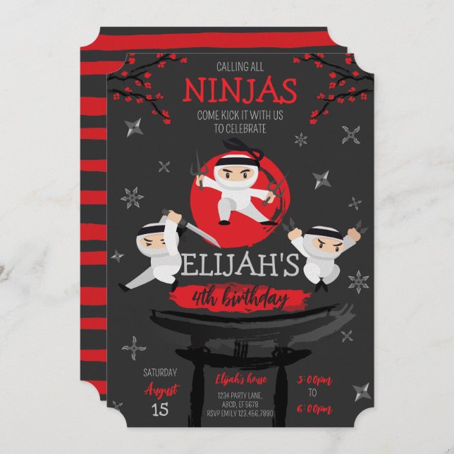 Ninja Warriors On Rooftop Birthday Invitation (Front/Back)