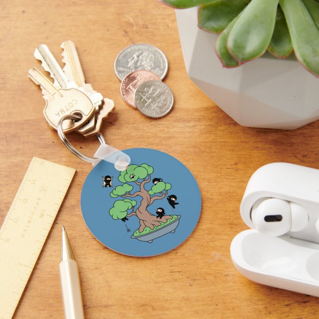 Ninjas in Bonsai Tree on Blue Key Ring (Desk)