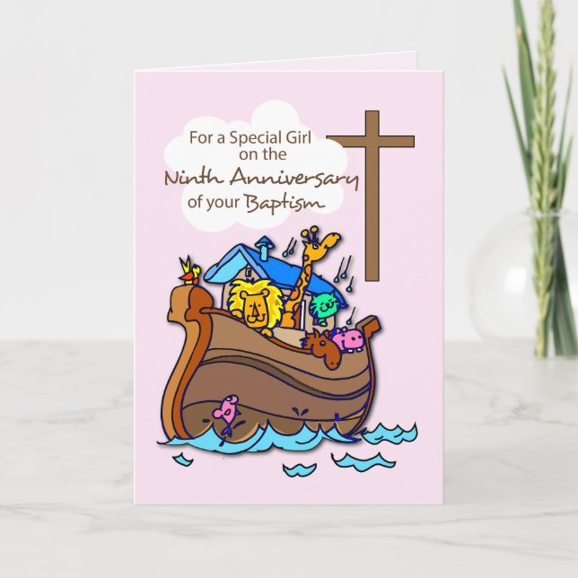 Ninth Anniversary of Baptism Girl Noah's Ark Card (Front)