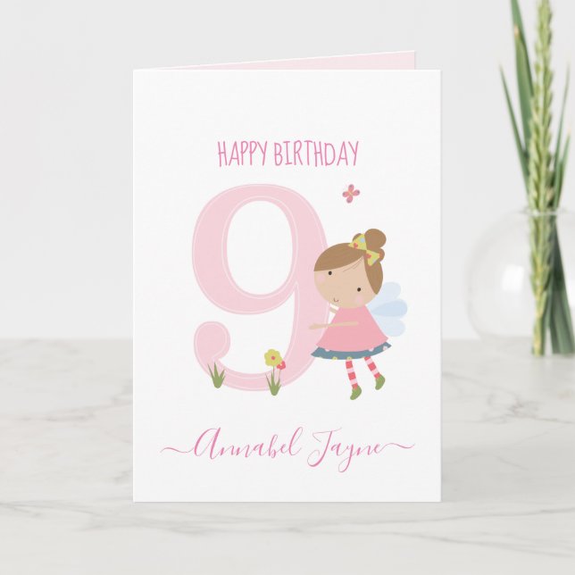 Ninth birthday fairy cute pink personalised card (Front)