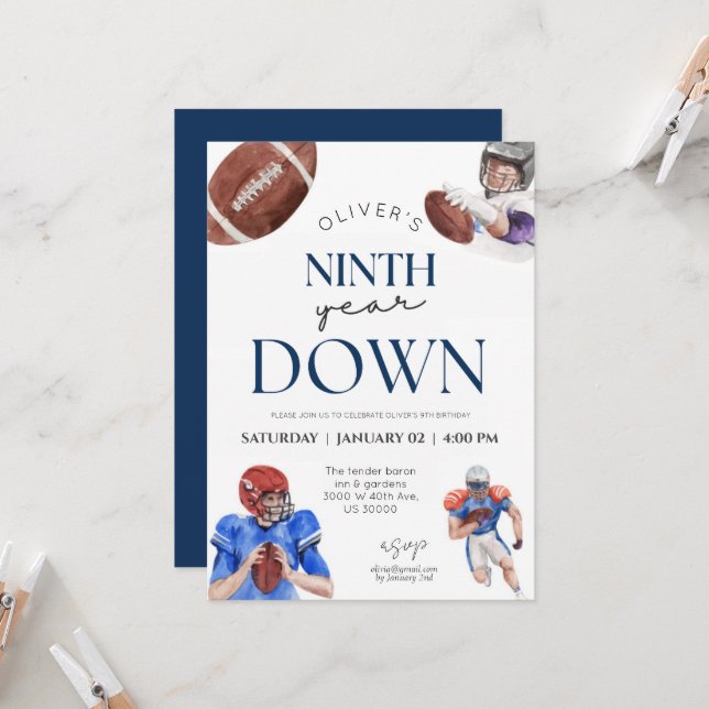 Ninth year down football theme boy 9th birthday invitation (Front/Back In Situ)