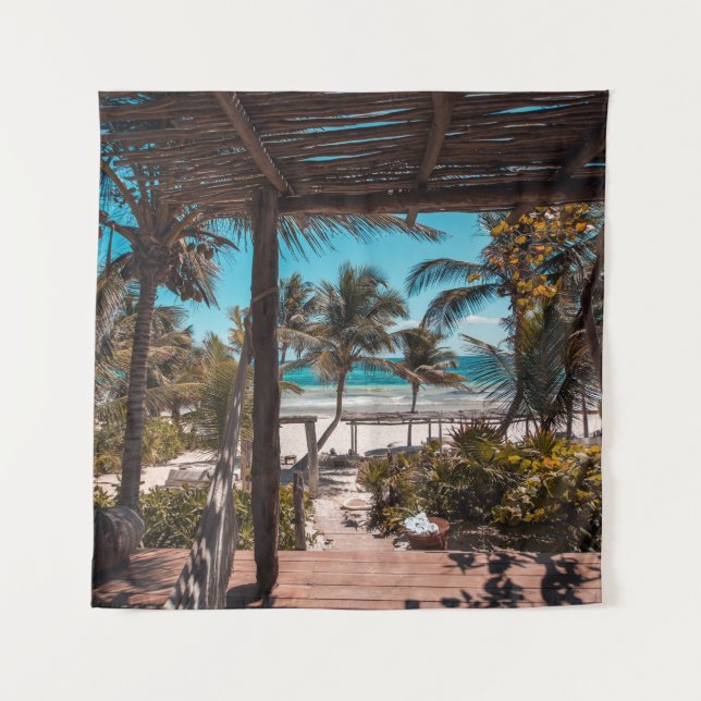 Nipa hut under coconut palm trees tapestry (Front)