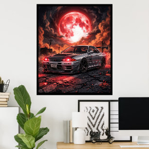 Nissan Skyline R32 Under The Crimson Moon Poster