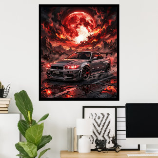 Nissan Skyline R34 Under a Crimson Moon Poster