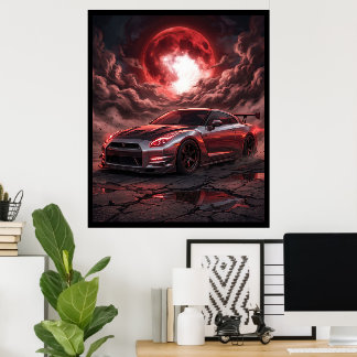 Nissan Skyline R35 Under a Crimson Moon Poster