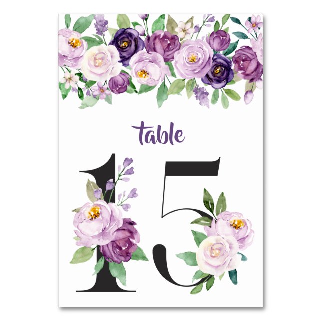 No. 15 Purple & Lavender Watercolor Roses Table Number (Front)