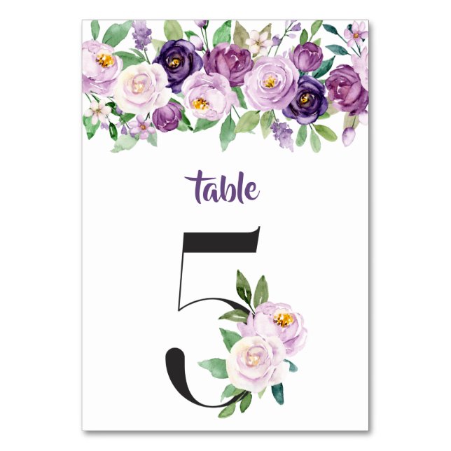 No. 5 Purple & Lavender Watercolor Roses Table Number (Front)