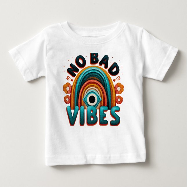 No Bad Vibes. Retro Rainbow and Eye Desig T-Shirt (Front)