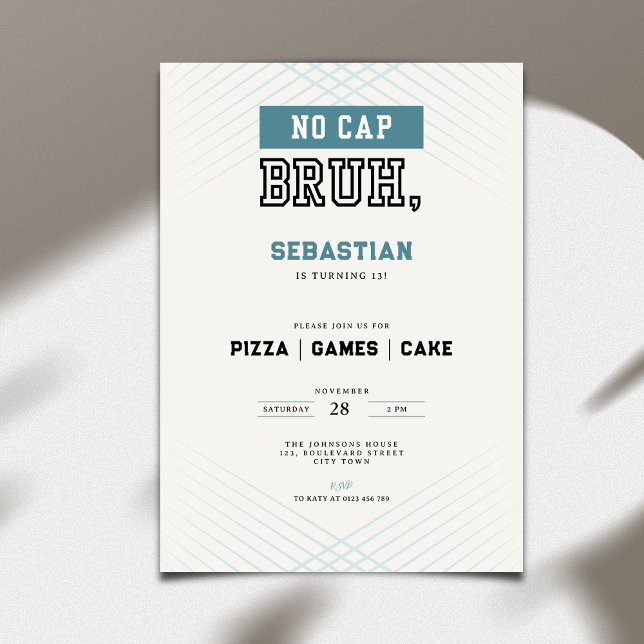 No Cap Bruh 13th Birthday Pizza Games Cake  Invitation (Creator Uploaded)