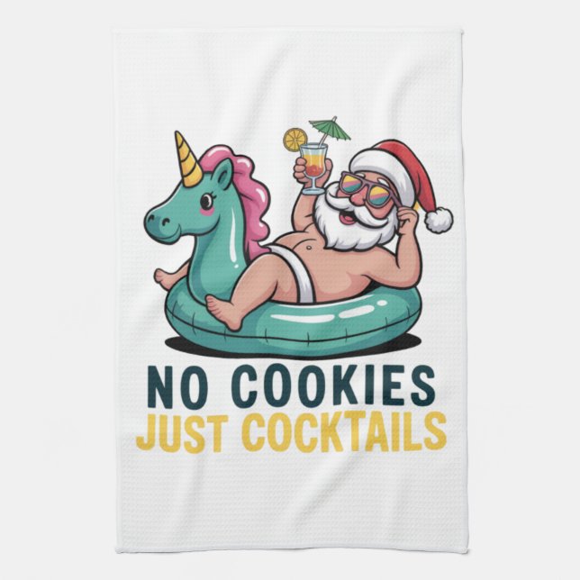 No Cookies Just Cocktails Santa Summer Christmas  Tea Towel (Vertical)