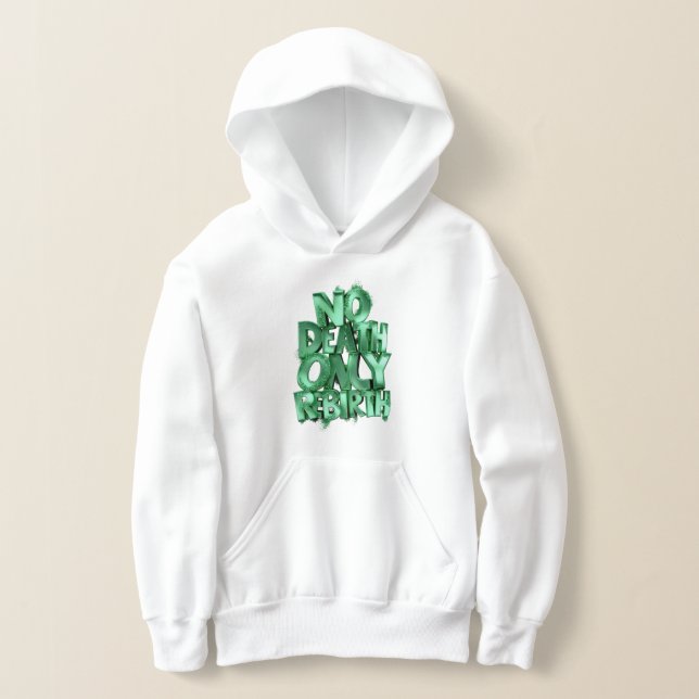 No Death Only Rebirth, Kids Pullover Hoodie Green (Laydown)