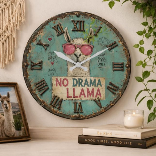 No Drama Funny Llama Cute Boho Nursery Large Clock (Creator Uploaded)