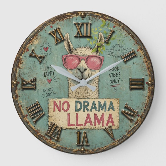 No Drama Funny Llama Cute Boho Nursery Large Clock (Front)