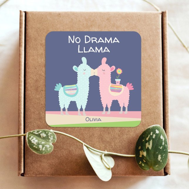 No Drama Llama cute pink blue cool school name Square Sticker (Creator Uploaded)