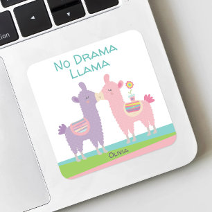 No Drama Llama Pink Purple Turquoise Name School Square Sticker