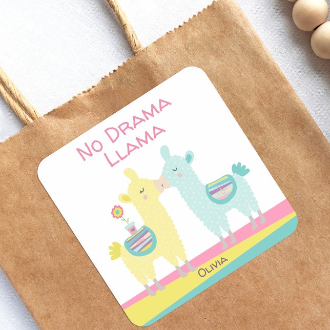 No Drama Llama Pink Yellow Turquoise Name School Square Sticker (Creator Uploaded)