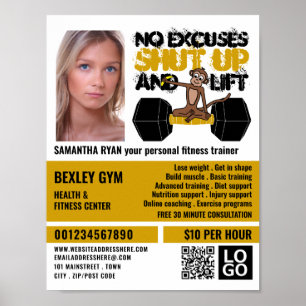 No Excuses Monkey, Personal trainer, Gym Advert Poster