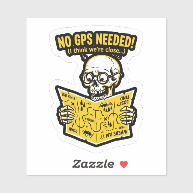 No GPS Needed Sticker — Funny Biker Skull Map Deca (Sheet)