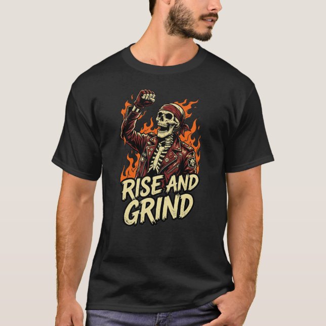 No Guts No Glory Skull Biker Rise And Grind Fire T-Shirt (Front)