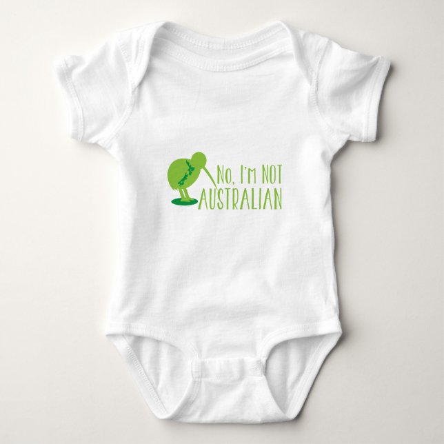 No, I'm NOT AUSTRALIAN (with kiwi bird and map) Baby Bodysuit (Front)