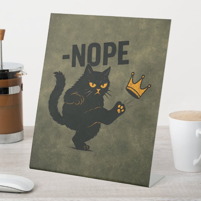 No Kings In America Black Cat Funny Kicking Crown Pedestal Sign (In SItu)