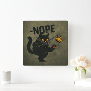 No Kings In America Black Cat Funny Kicking Crown Square Wall Clock