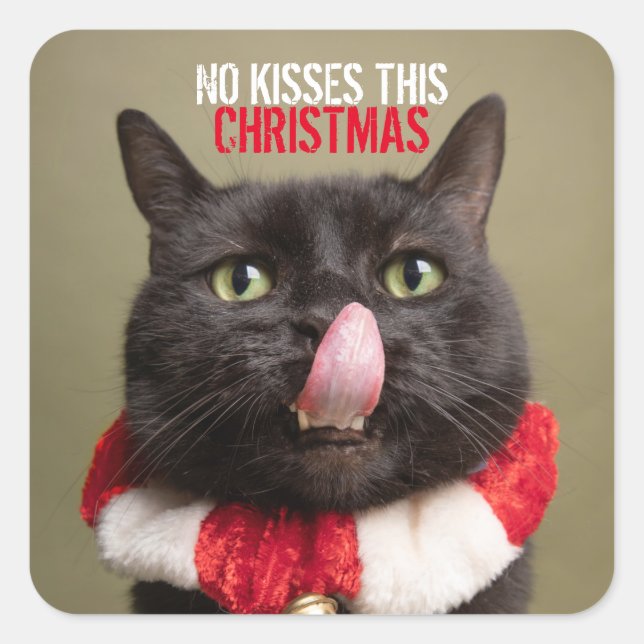 No Kisses This Christmas Funny Cat Tongue Square Sticker (Front)