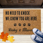 No Need to Knock - Welcome Rustic Funny Dog Doormat<br><div class="desc">Welcome guests with this funny doormat ! 
"No need to knock ,  we know you are here." 
The Dogs . 
Welcome Doormat - Dog Paw Print Floor Mat.
Rustic natural faux coir and black design with paw prints. 
COPYRIGHT © 2020 Judy Burrows,  Black Dog Art - All Rights Reserved.</div>