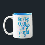 No one cooks like yiayia Greek grandmother Two-Tone Coffee Mug<br><div class="desc">Perfect gift for your Greek grandmother who cooks like no other. This funny and sweet mug features Aegean blue type with the words "no one cooks like yiayia" with a mix of Greek and English writing. Makes a great unique Christmas,  Mother's Day or birthday gift.</div>