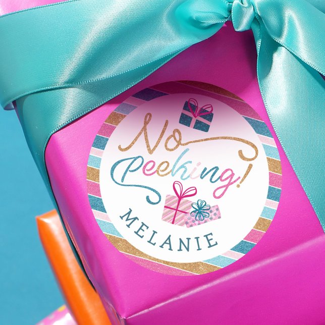No Peeking Bright Glitter Stripe Colourful Present Classic Round Sticker (No Peeking Bright Glitter Stripe Colorful Presents Classic Round Sticker)