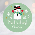 No Peeking Cute Christmas Snowman Green Editable Classic Round Sticker<br><div class="desc">Add a little whimsical charm to the holiday season with these cute "No Peeking!" Christmas stickers. An editable template, personalised with the recipient's name, featuring snowflakes and stars, and a festive snowman wearing a hat, scarf and mittens. A perfect way to add a unique touch to your gifts for family...</div>