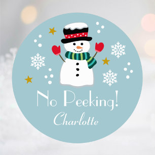 No Peeking Cute Christmas Snowman Snowflakes Blue Classic Round Sticker