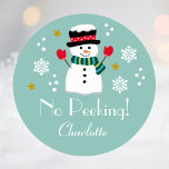 No Peeking Cute Christmas Snowman Teal Editable Classic Round Sticker<br><div class="desc">Add a little whimsical charm to the holiday season with these cute "No Peeking!" Christmas stickers. An editable template, personalised with the recipient's name, featuring snowflakes and stars, and a festive snowman wearing a hat, scarf and mittens. A perfect way to add a unique touch to your gifts for family...</div>