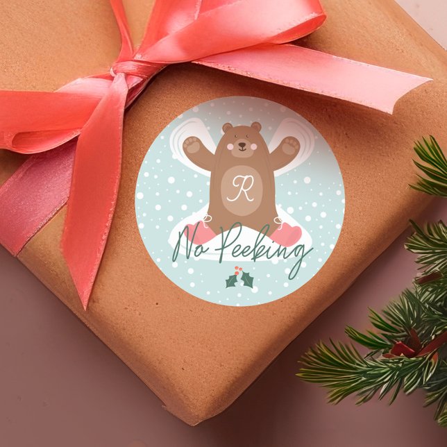 No Peeking Cute Woodland Bear Snow Angel Classic Round Sticker (No Peeking Cute Woodland Bear Snow Angel Classic Round Sticker)