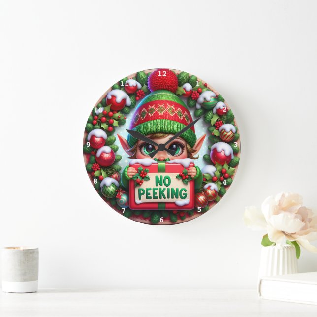 No Peeking Elf" - Playful Christmas Wall Large Clock (Home)
