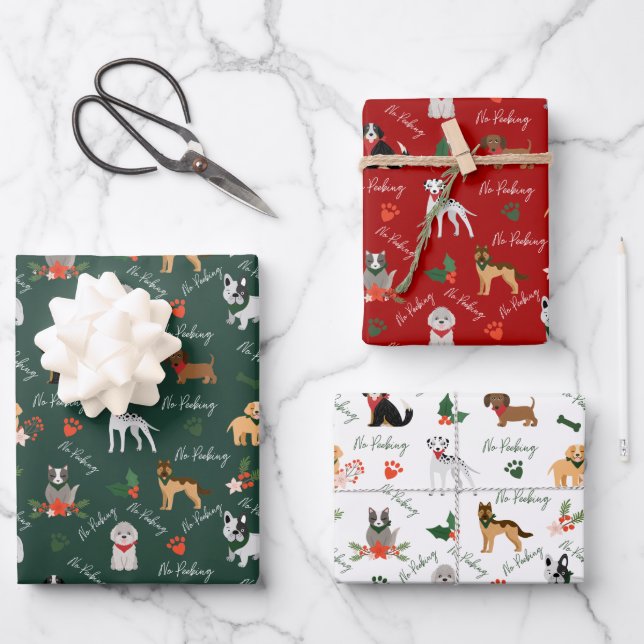 No Peeking Festive Christmas Dog Breed Pattern Wrapping Paper Sheet (Front)
