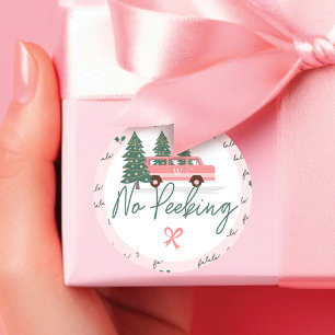 No Peeking Vintage Pink Christmas Van Classic Round Sticker