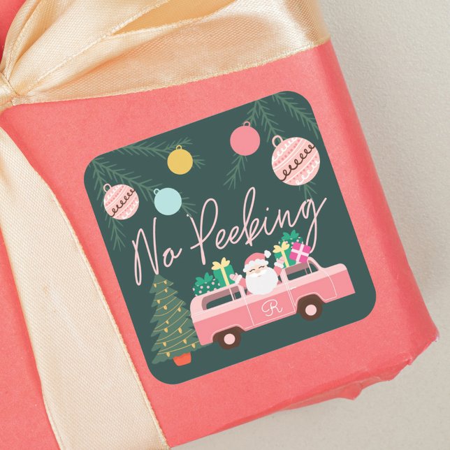 No Peeking Vintage Pink Christmas Van Santa Square Sticker (No Peeking Vintage Pink Christmas Van Santa Square Sticker)