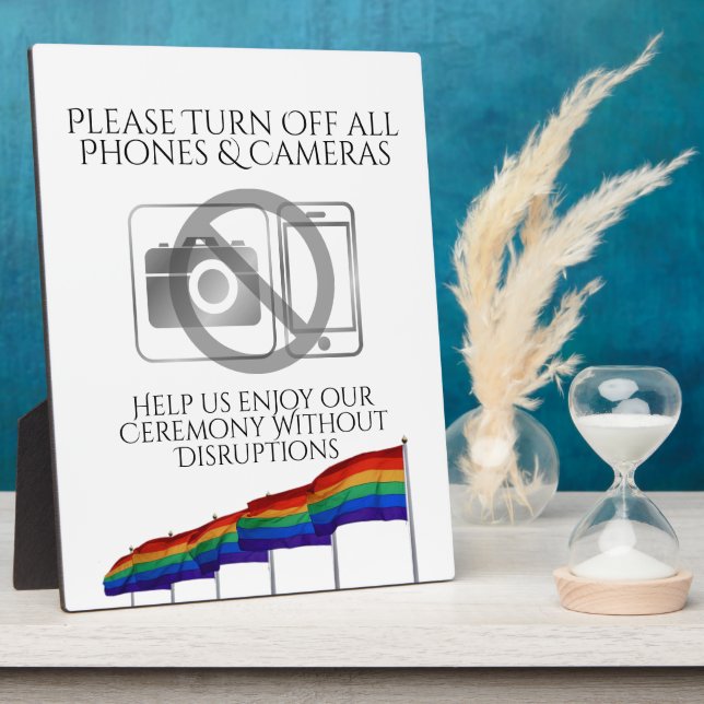 No Phones or Cameras Gay Pride Flags Wedding Plaque (Side)