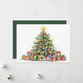 No-Photo Elegant Green Watercolor Christmas Tree Holiday Card