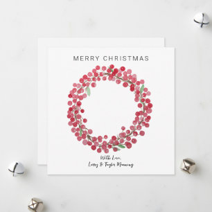 No Photo Watercolor Berry Wreath Christmas Card
