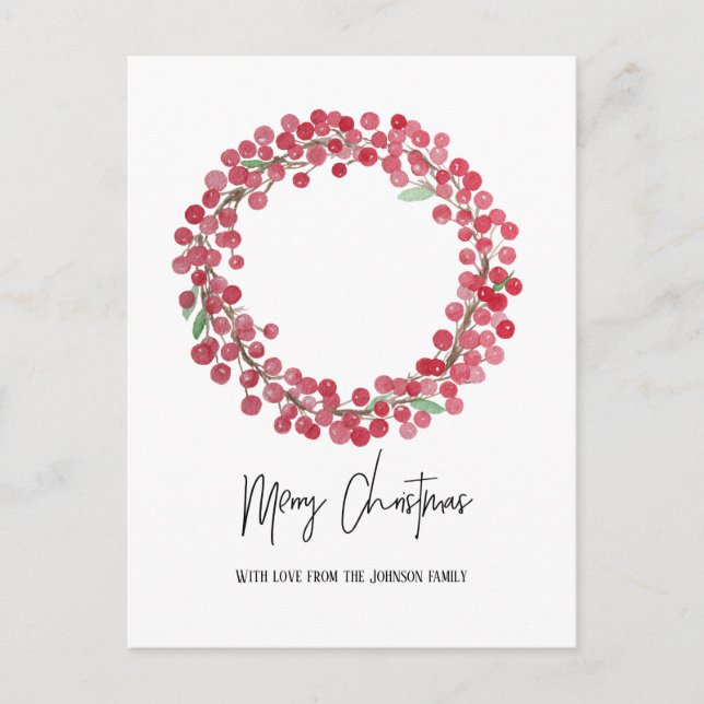 No photo Watercolor Red Berry Wreath Christmas Holiday Postcard (Front)