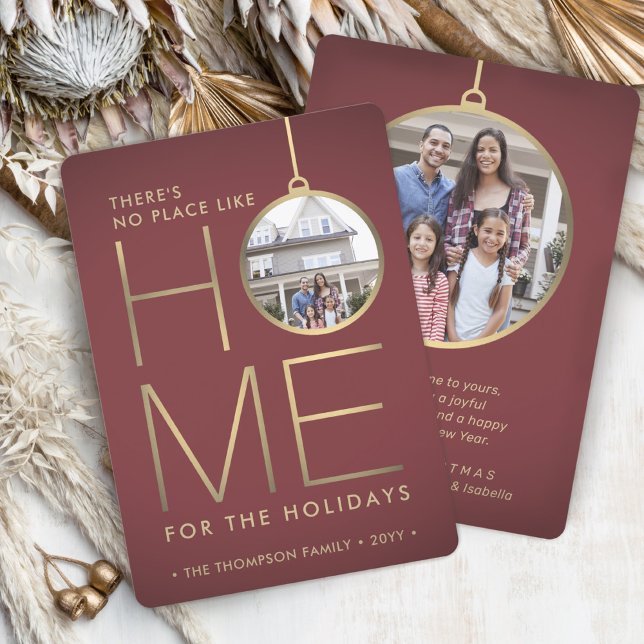 No Place Like Home 2 Photo Burgundy Gold Christmas Holiday Card (Creator Uploaded)